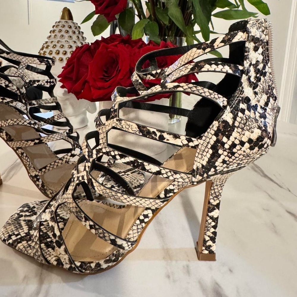 Women’s Snake-Print Strappy High Heel Sandals - Black & White